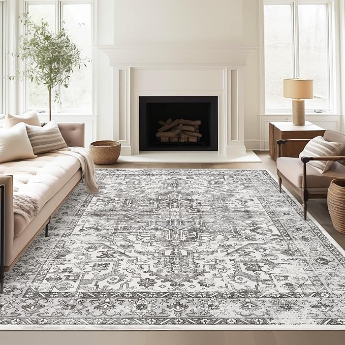 zesthome 9x12 Area Rugs,Stain Resistant Washable Rug,Ultra-Thin Rugs for Living Room,Bedroom,Non-Slip Backing Home Decor Large Area Rug (Grey/White,9'x12')