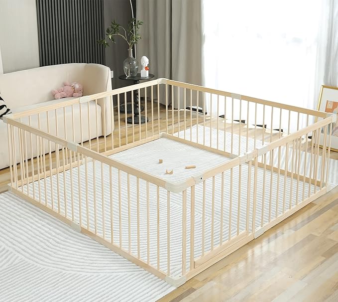 Conababy Baby Playpen Play Fence Gate Play Pen Wood Large,Playpens for Babies and Toddlers Kids Indoor,Baby Play Yards Gym Area,Baby Day Care Play Pin(160x180CM)…