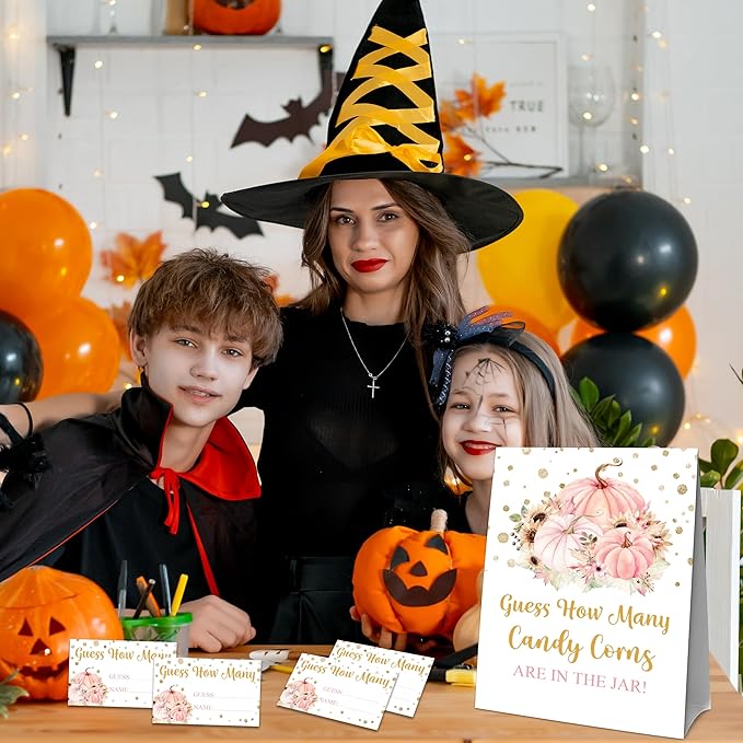 Thanksgiving How Many Candy Corns Are In The Jar - 1 Standing Sign & 50 Guessing Cards - Autumn Pumpkin Party Game & Decoration For Boys, Girls, Adults - Baby Shower, Birthday Game Set - A02