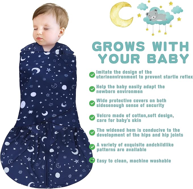 Newborn Sleep Sack Baby Swaddle,Swaddle me 0-3 Month,3-Way Adjustable Wearable Blanket,100% Rayon Cotton Swaddling Sleeping Bag,TOG 0.5 (Starry Sky, 0-3 Months)