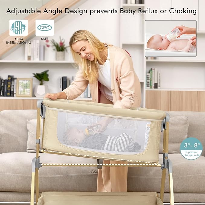 Bassinet Bedside Sleeper, Rocking Bassinets with Comfy Mattress and Wheels for Newborn, 5-Height Adjustable (Beige)