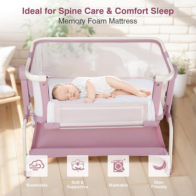 Bedside Cribs 3 in 1 Baby Bassinet Bedside Sleeper with Adjustable Height Easy Folding Portable Crib Comfy Mattress and Wheels - Pink