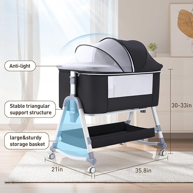 4 in 1 Bedside Bassinet for Baby, Portable Bassinets with Wheels, Baby Crib with Changing Station, Mattress Included and Storage, Foldable Travel Bassinet for Infant/Newborn- Black- Half Mesh
