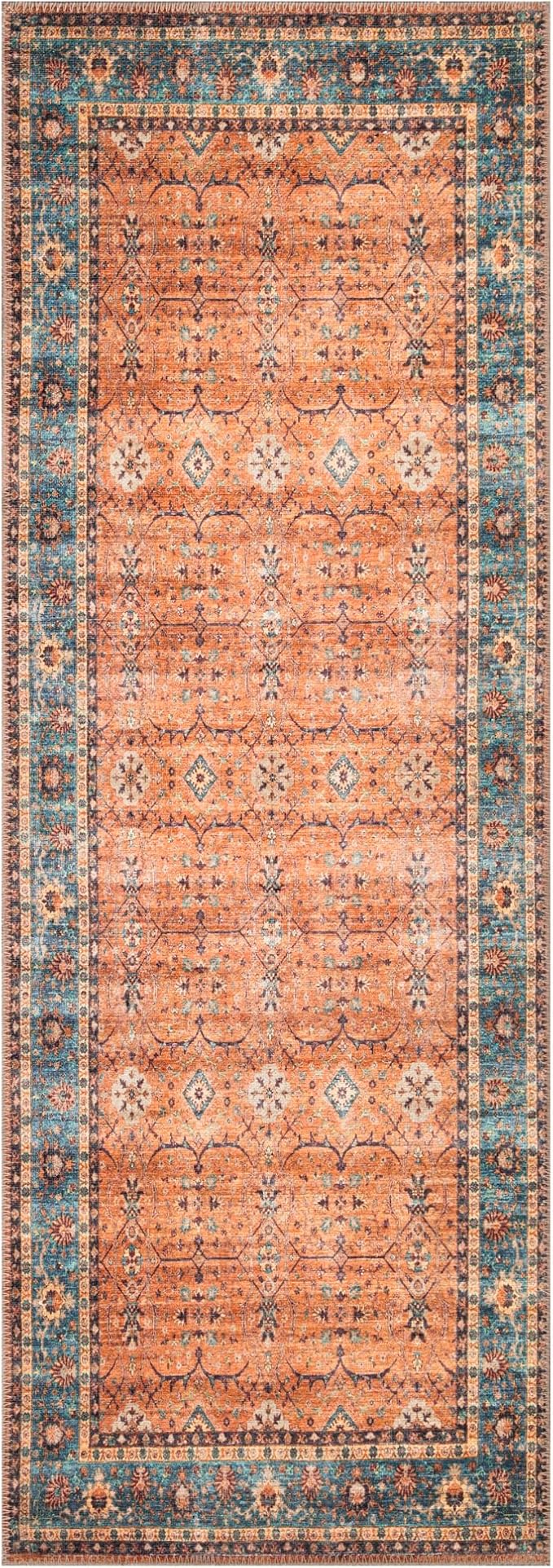 Bloom Rugs Washable Non-Slip 7 ft Runner - Orange/Teal Blue Traditional Bordered Runner for Entryway, Hallway, Bathroom, and Kitchen - Exact Size: 2.5' x 7'