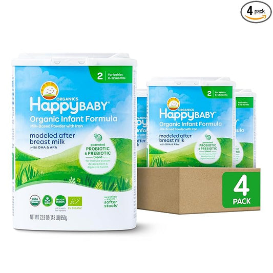 Happy Baby Organics Stage 2 Infant Formula, 6 12 Months, Milk Based Organic Baby Formula Powder with Iron, Probiotics & Prebiotics for Immune & Digestive Support, 22.9 Ounce (Pack of 4)