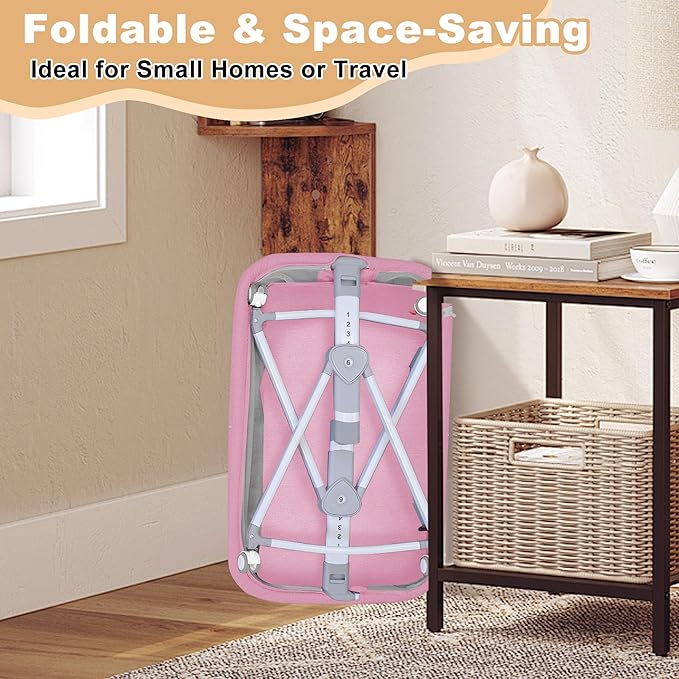 Baby Bassinet,3 in 1 Bedside Bassinet for Baby with Hanging Toys, Portable Foldable Baby Bassinets Bedside Sleeper,4-Sided Mesh Bedside Crib with Wheels and Storage Basket,6 Height Adjustable (Pink)