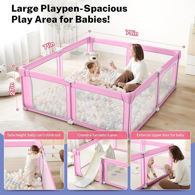 Baby Playpen Portable, Pre-Assembled Play Pen 71x79 Large Foldable Playpen for Babies and Toddlers, Sturdy and Safe Toddler Play Yard Indoor Outdoor with Carry Bag, Pink