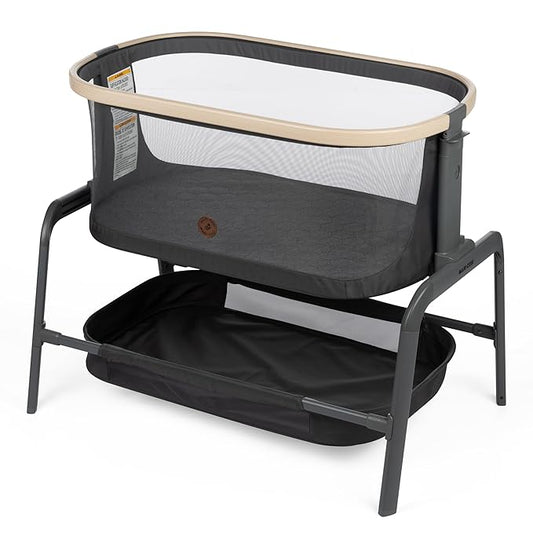 Maxi-Cosi Iora Baby Bassinets Bedside Sleeper, Portable Bassinet, Infant Bedside Sleeper Crib, Height Adjustable, Breathable Mesh, Large Storage Basket, Classic Graphite