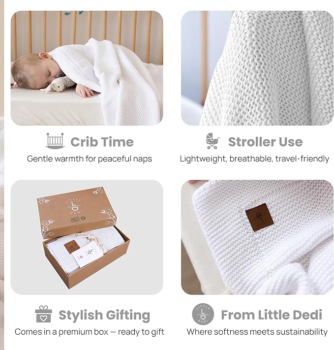 100% Organic Cotton Baby Knitted Blanket with Gift Box - Soft Toddler, Crib, Stroller Blanket - Neutral Swaddle and Receiving Blanket for Newborns, 30"x40", White