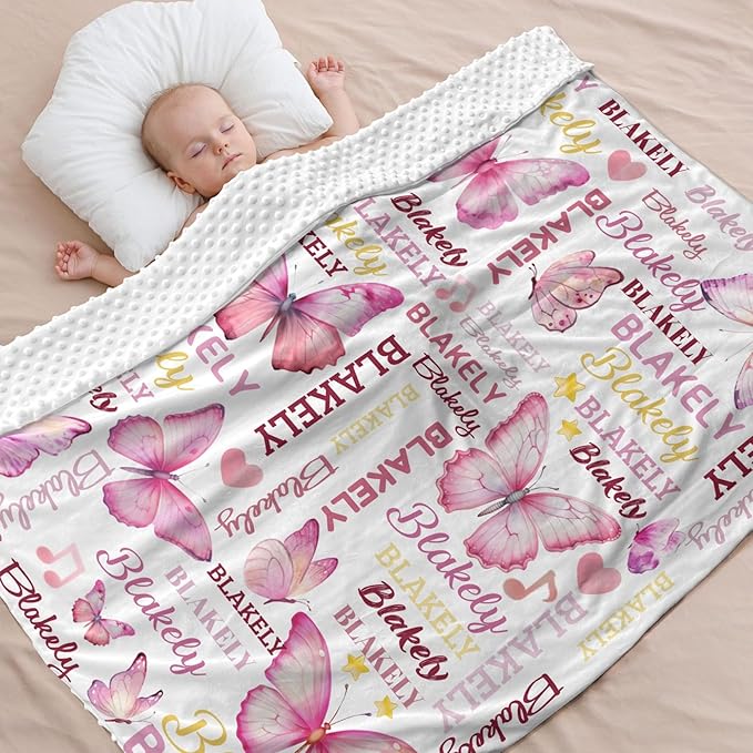 Personalized Baby Blanket for Girls Butterfly Custom Baby Blankets with Name Dotted Backing Customized Gifts for New Mom Customize Baby Blanket for Kids Newborn Birthday