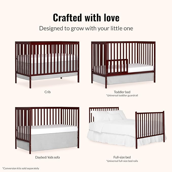Dream On Me Synergy 5-in-1 Convertible Full-Size Baby Crib with Toddler, Day & Full Bed Conversion in Cherry, GreenGuard Gold & JPMA, 3 Mattress Heights, Sustainable Pinewood