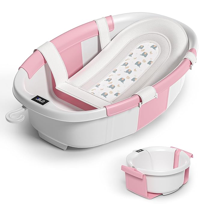 Collapsible Baby Bathtub for Newborn to Toddler 0-36 Months,Extra Large Foldable Infant Bath Tub with Thermometer,Cushion & Drain Hole,Portable Travel Tub, Baby Shower Gift Pink