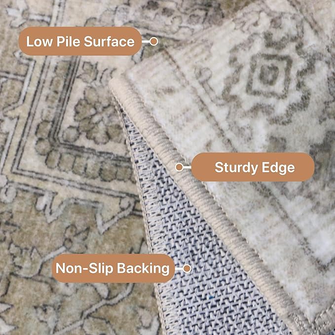 GENIMO 9x12 Area Rugs for Living Room, Non Slip Machine Washable Vintage Rugs, Low Pile Lightweight Chenille Print Large Rug for Bedroom, Dining Room, Home Office, Trench