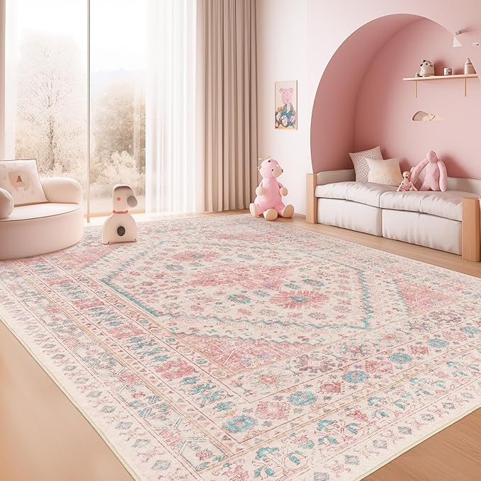 zesthome 6x9 Washable Rugs for Baby Girl, Super Soft Pink Rugs for Nursery Room, Non-Slip Stain Resistant Bedroom Rug, Ultra-Thin Large Area Rug (Pink/Blue,6'x9')