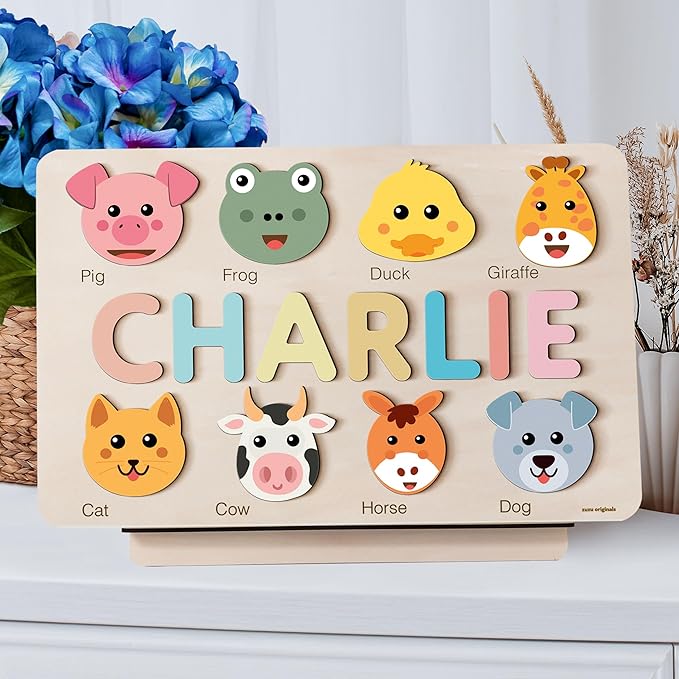 Custom Name Puzzle for Toddlers 1-3, 1 Year Old Girl Gifts, 1st Birthday Gifts Boy, ABC Wooden Puzzle Animals and Alphabet Learning Puzzles Toys for Babies, Preschool Montessori Toys