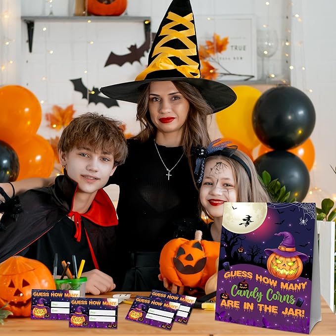 Halloween How Many Candy Corns Are In The Jar - 1 Standing Sign & 50 Guessing Cards - Halloween Pumpkin Party Game & Decoration For Boys, Girls, Adults - Baby Shower, Birthday Game Set - A08