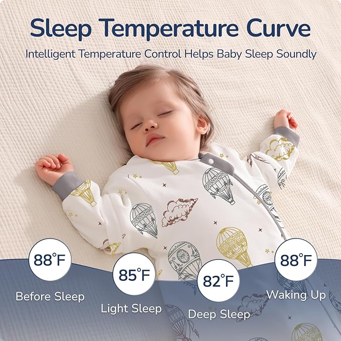 Baby Sleep Sack 12-18 Months, Cotton Detachable Long Sleeve Sleep Sack, 1.0 Tog Toddler Sleeping Sack with Temperature Strips, 2-Way Zipper Wearable Blankets for Newborns, Hot Air Balloon