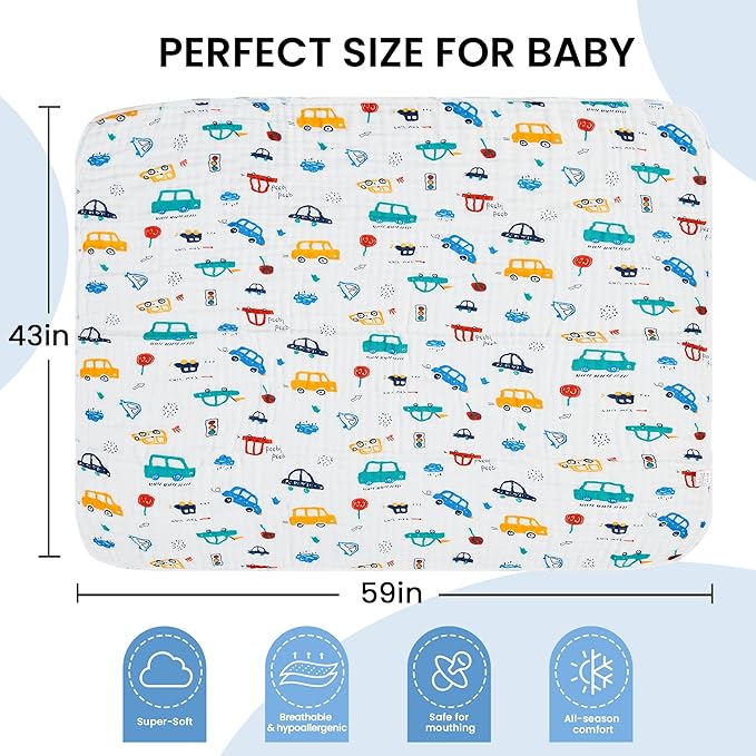 Luxury Muslin Baby Blanket, Cozy Swaddle, 6-Layer Cotton Receiving Blanket for Newborn Infant, 59x43 Inch Lightweight Breathable Crib Blanket, Nursery Stroller Toddler Quilt, Car Family