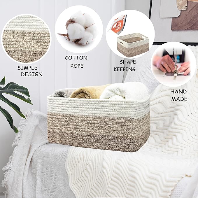 COMFY-HOMI 3 pcs Large Storage Baskets for Shelves, Laundry Basket, Woven Rope Basket, Closet Organizer Bins for Clothes Blanket Towels, Baby Nursery, Gift Toy Baskets, 17” x 13” x 7.5”-White/3 Brown