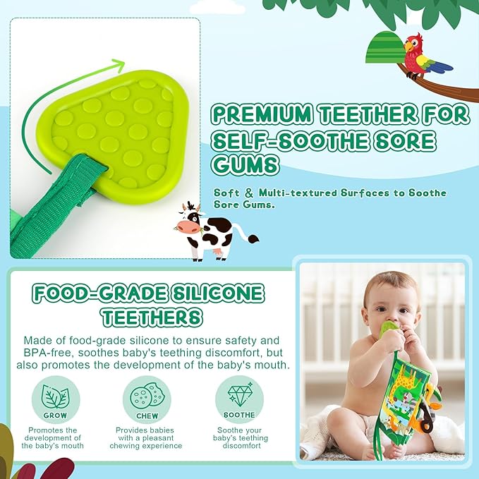 Soft Baby Book - Baby Toy - Newborn Boys Girls Shower Gift - Tummy Time Toy for Infant 0-6 6-12 Months - Touch and Feel Sensory Crinkle Book with Teether for Toddler