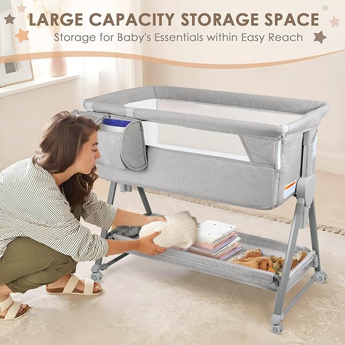 BIERUM Baby Bassinet for Baby - 7 Height Adjustable Bedside Bassinet with Lockable Wheels, Easy to Assemble Portable Bedside Crib with Large Storage Bag & Mattress for Newborn/Infant