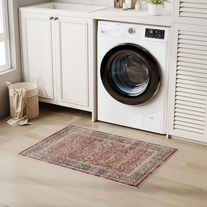 Dripex Vintage Washable Rug 2x3 Indoor Door Mat Non-Slip Entryway Rug Distressed Low-Pile Small Rug for Front Entrance Bathroom Rug Kitchen Living Room Bedroom