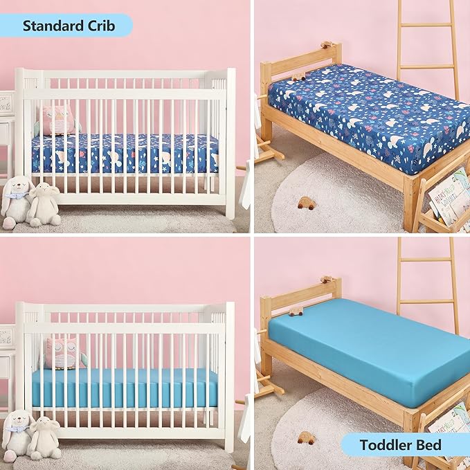 TILLYOU Baby Crib Sheets for Boys Girls, Super Soft Toddler Bed Sheets, 2 Pack Sheets for Standard Crib Mattress 28x52in, Beach Time Turtle and Lake Blue