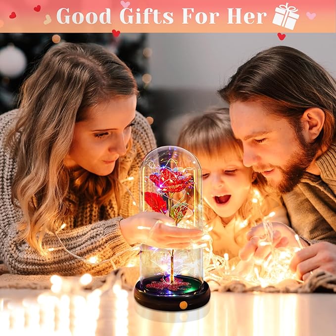 DEEMEI Birthday Gift for Women Red Rose Eternal Flower USB Light Up Rose in Glass Dome Anniversary Flowers for Delivery Prime Mothers Day Presents Flowers Gifts for Her Grandma Girlfriend Wife