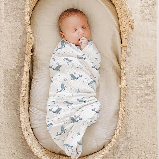 Konssy 2 Pack Muslin Swaddle Blankets, 100% Cotton Receiving Blanket Large 47 x 47 inches for Baby Boys Girls, Soft Breathable Muslin Baby Blanket for Newborn (Blue Whale,Blue)