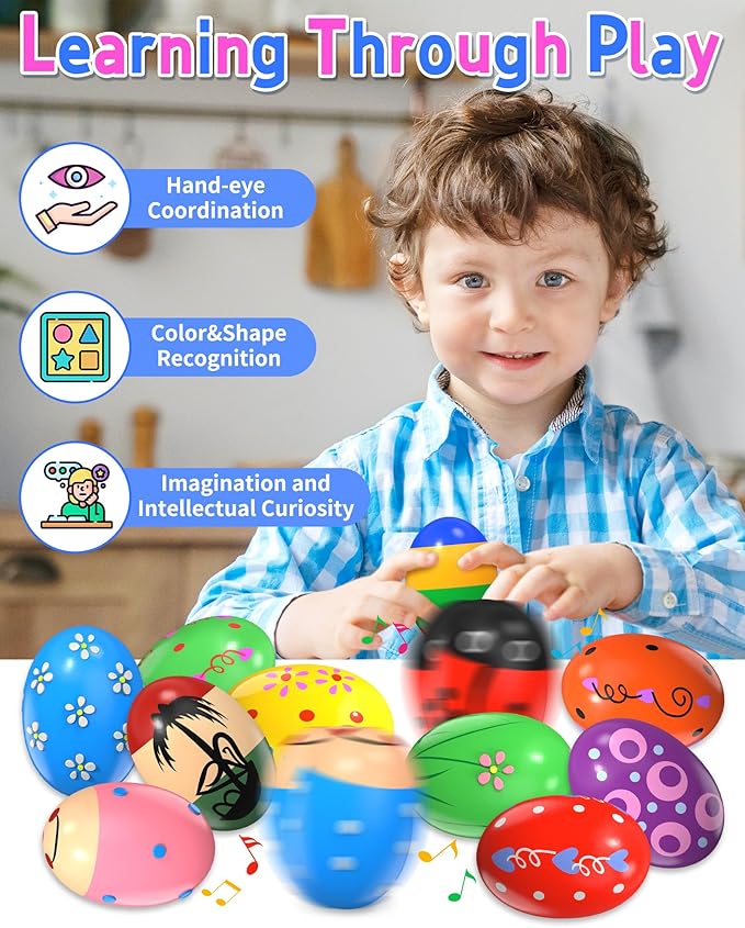 12 Pack Wooden Percussion Musical Shaker, Toddlers Stocking Stuffers 1 2 3 Year Old, Baby Christmas Stocking Easter Basket Stuffers Egg Fillers Easter Gifts Montessori Toys for Kids Boys Girls