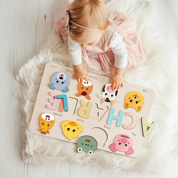 Custom Name Puzzle for Toddlers 1-3, 1 Year Old Girl Gifts, 1st Birthday Gifts Boy, ABC Wooden Puzzle Animals and Alphabet Learning Puzzles Toys for Babies, Preschool Montessori Toys