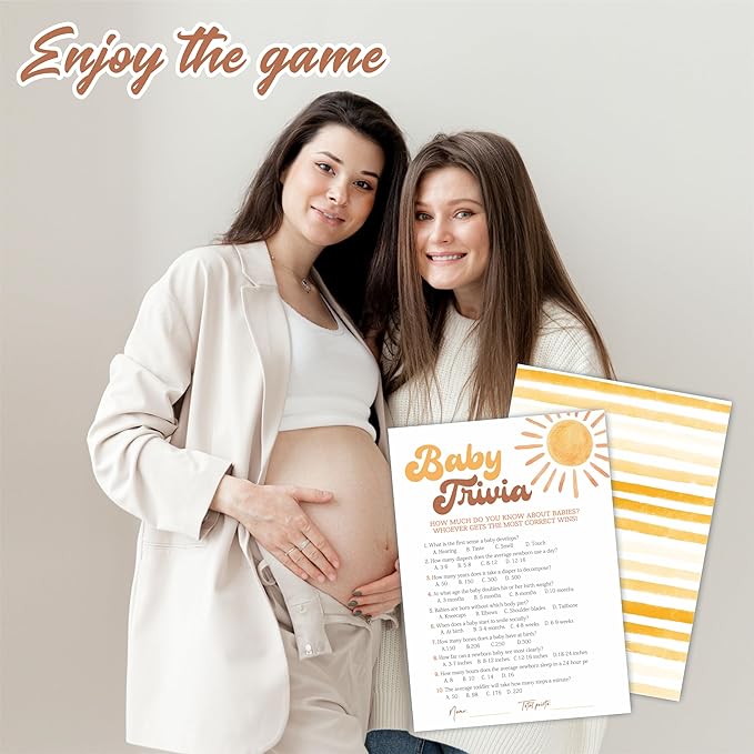Baby Trivia Game Kits For Baby Shower - 30 Double-Sided Fill In Watercolor Sunshine Style Game Cards 1 Answer Card For Gender Reveal, Baby Announcement, Party Favor & Supplies - C08