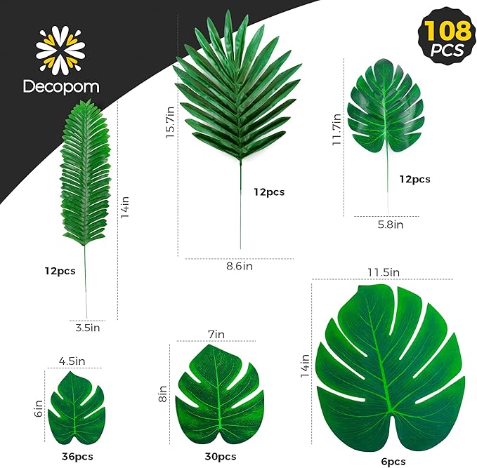108 Pack Palm Leaves Artificial Tropical Monstera - 6 Kinds Large Small Green Fake Palm Leaf with Stems for Safari Jungle Hawaiian Luau Party Table Decoration Wedding Birthday Theme Party Decorations
