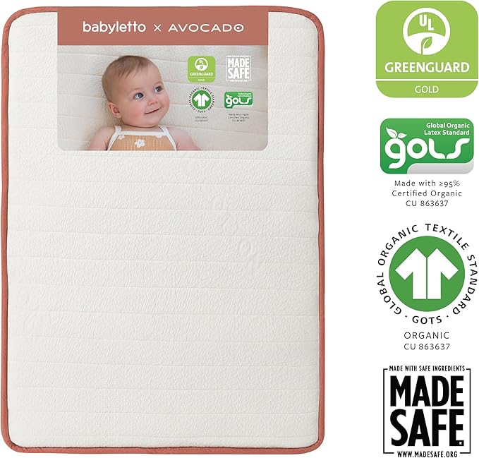 babyletto Avocado Mini Crib Mattress - GOTS, Made Safe & GREENGUARD Gold Certified - Dual Sided Infant & Toddler Mattress, Flippable - 37.25 x 23.25 x 4.75 Inches for Standard Size Mini Baby Crib