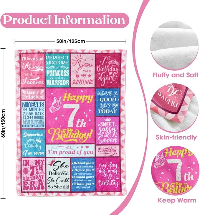 7 Year Old Girl Birthday Gifts Idea, Gifts for 7 Year Old Girls, Birthday Gifts for 7 Year Old Girls, 7th Birthday Gifts for Girls, 7th Birthday Decorations for Girls, Stuff for Girls Blanket 50"X60"