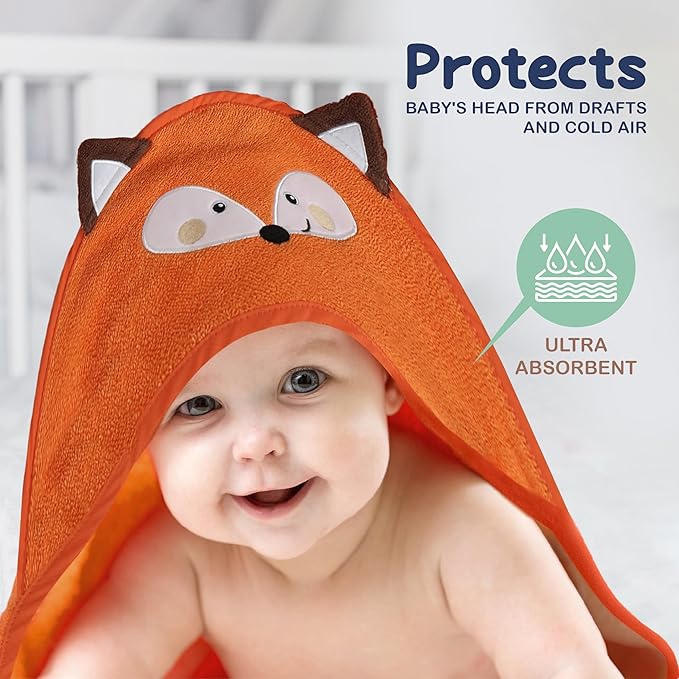 Mother's Choice Organic Baby Hooded Towel Ultra Soft & Absorbent Bath Wearable for Newborns, Infants, 3D Orange Fox Design