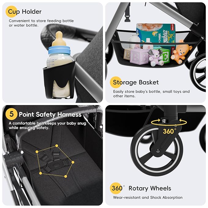 MU Double Stroller, Foldable Twin Tandem Stroller with Adjustable Backrest, Reversible Seat, 5-Point Harness, Storage Basket, Convertible Baby Bassinet for Infant and Toddler, Gray