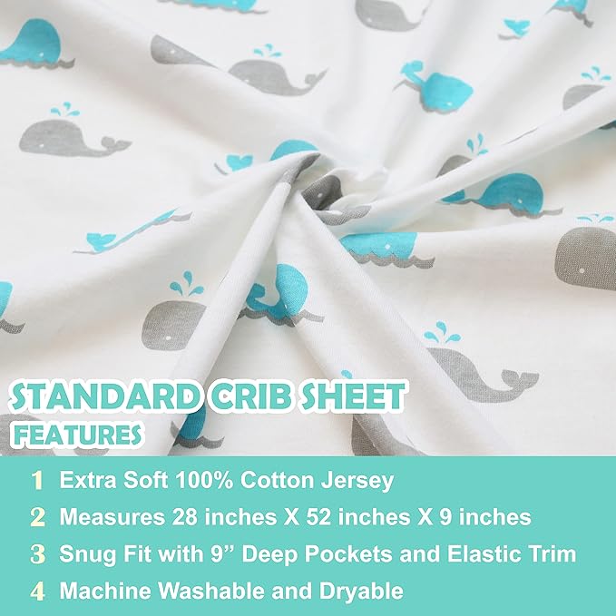 American Baby Company 4 Pack Fitted Crib Sheets 28" x 52", Soft Breathable Neutral 100% Cotton Jersey Sheet, Blue Zigzag/Aqua Whale/Gray/White, for Boys and Girls, Fits Crib and Toddler Bed mattresses