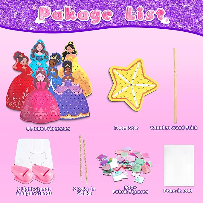 Fortand Poke-Art Crafts Kit for Kids, Princesses Craft Kits for Girls Ages 4-9 Paper Craft Kits with LED Base DIY Creative Activity Toys Gifts for Girls & Boys Ages 4 5 6 7 8 9 Mess-Free Fun for Kids