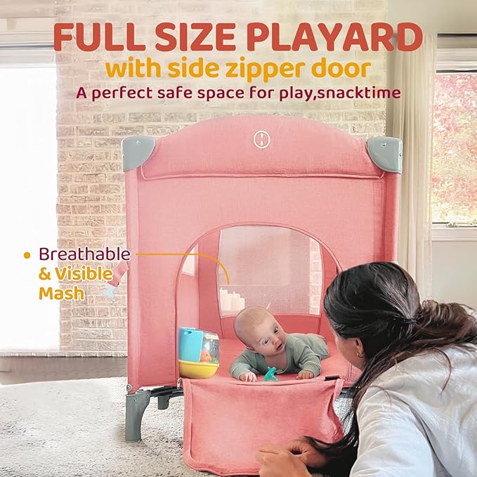 HARPPA Pack and Play 5 in 1, Portable Baby Playard for Travel, Baby Bassinet Bedside Sleeper with Mattress, Rolling Bassinet for Infant, Pack n Play with Changing Table, Bed Crib(Pink)