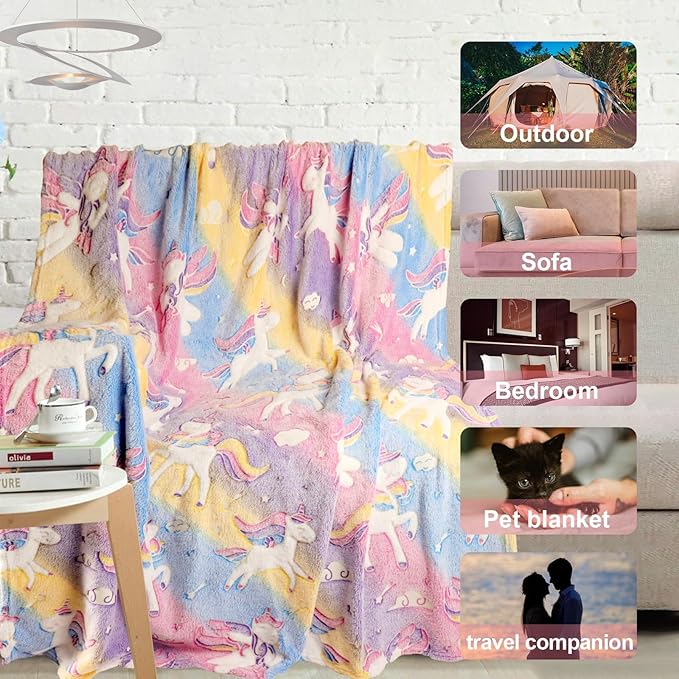 Unicorn Glow in The Dark Kids Blanket, Soft Fleece Throw 50"x60" for Girls & Boys, Ages 3-12
