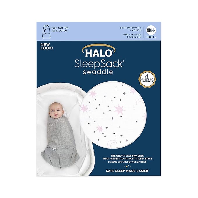 HALO 100% Cotton Sleepsack Swaddle, 3-Way Adjustable Wearable Blanket, TOG 1.5, Midnight Moons Pink, Small, 3-6 Months