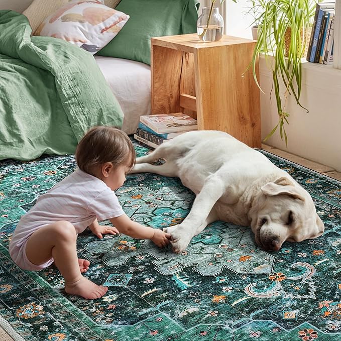 Ciicool Washable Area Rug 3’x5’ Teal Boho Bedroom Rug Non-Slip Oriental Entry Throw Low-Pile Indoor Floor Carpet for Living Room Laundry Foyer Decor(Teal/Multi)