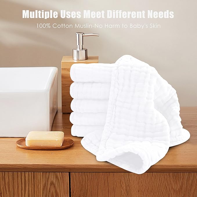 MOON PARK Baby Washcloths, 12 Pack - 12x12 Inches, Small Burp Cloths and Baby Wipes - 100% Cotton Muslin Ultra Soft for Newborn, Infant and Toddlers - White
