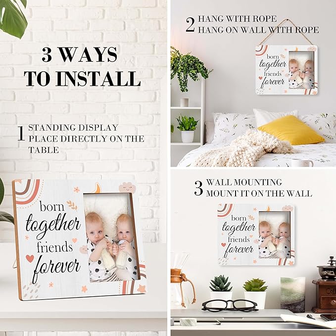Twins Baby Pictures Frame, Born Together Friend Forever Photo Frame, Twins Gifts for Babies, New Baby Gifts For New Mom Dad, Home Living Room Bedroom Decoration -b04