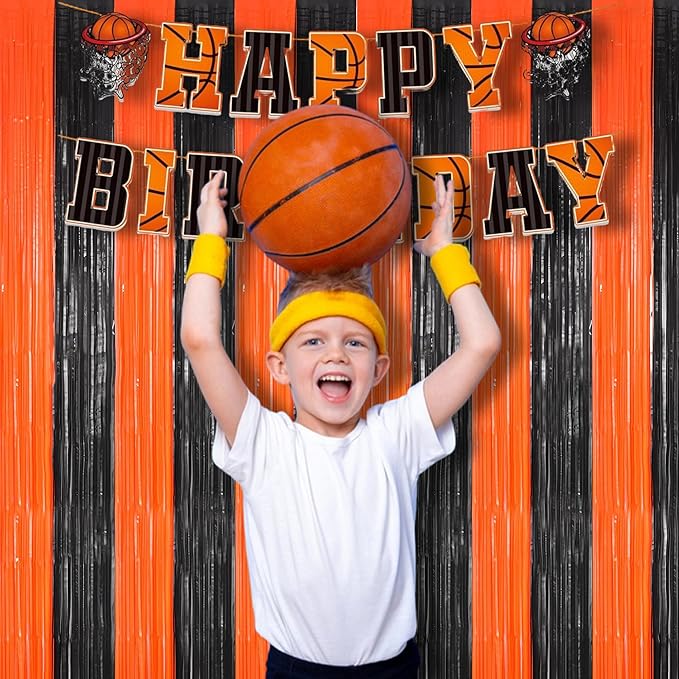 BRAVESHINE Tinsel Photo Backdrop Curtains - 2 Pack 3.2x8.2ft Black Orange Foil Fringe Streamer Curtain for Birthdays, Halloweens, Basketball, Pumpkins, Home, Indoor or Outdoor Party Decorations