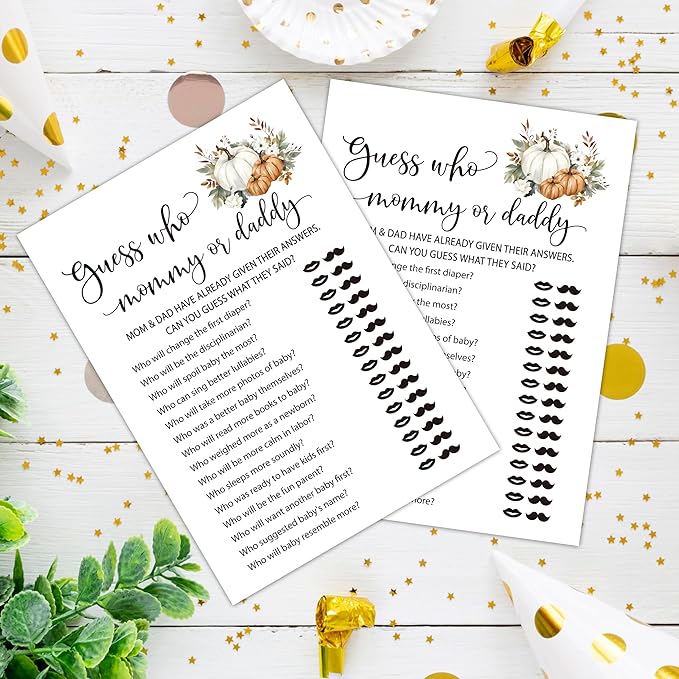 Fall Baby Shower Games, Find Who Mommy Or Daddy Themed Gender Reveal Party Game, Fall Festival Games Cards With Pumpkin Design, Boho Baby Shower Games, Thanksgiving Party Supplies -04