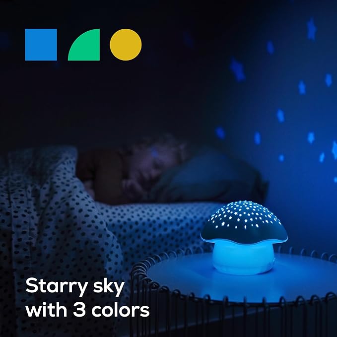 Angelcare Celeste Musical Mushroom Night Light Baby Projector - Sleep Soother with Adjustable Volume Lullabies, White Noises, 3 Night Light Colors, and Cry Sensor Detector