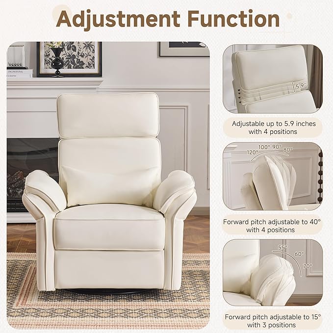Power Recliner Rocking Chair Nursery Gliders with Adjustable Armrests and Headrest, Swivel Electric Glider Reclining Nursing Chair with USB Port and Storage Bags, FSC Certified(Leather, Beige)