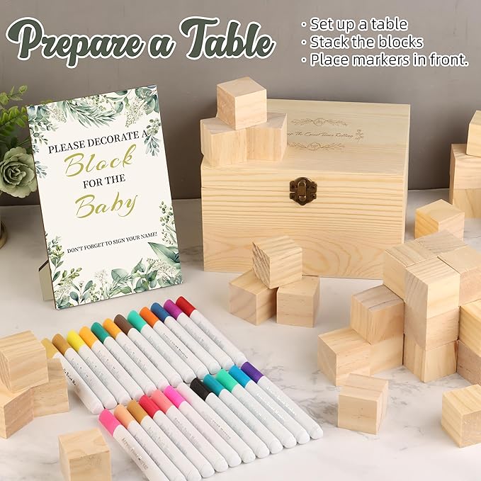72PCS Baby Shower Games Kit with Blank Wooden Blocks, Acrylic Paint Marker, Wooden Box and Sign, Blocks Suitable for Baby Shower, Gender Reveals Party, Birthday